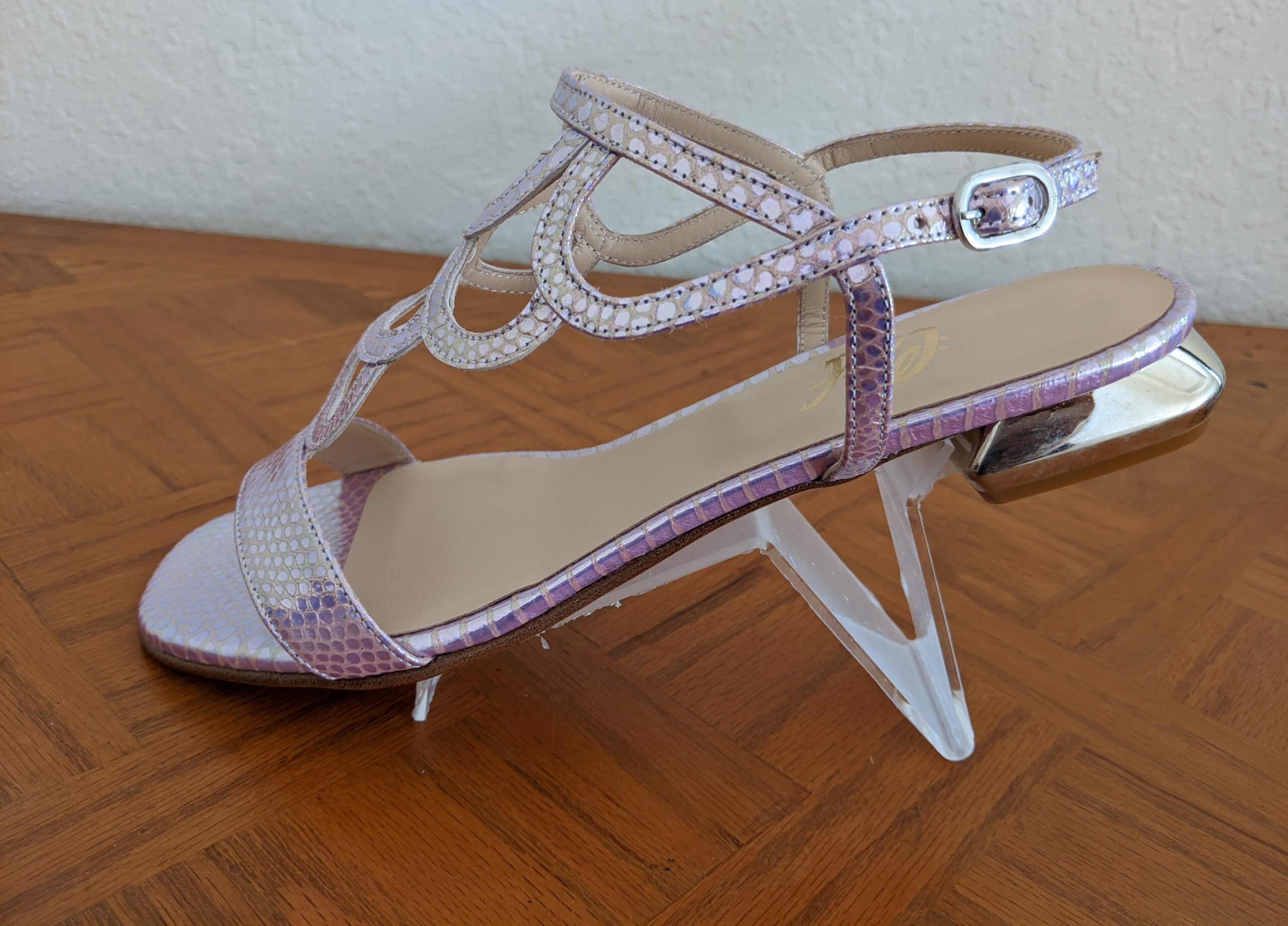 PXL_20210127_141402106 Handmade Italian - Sandals Basso Rose Color, Low Block Heel, Buckle Strap - Image 3